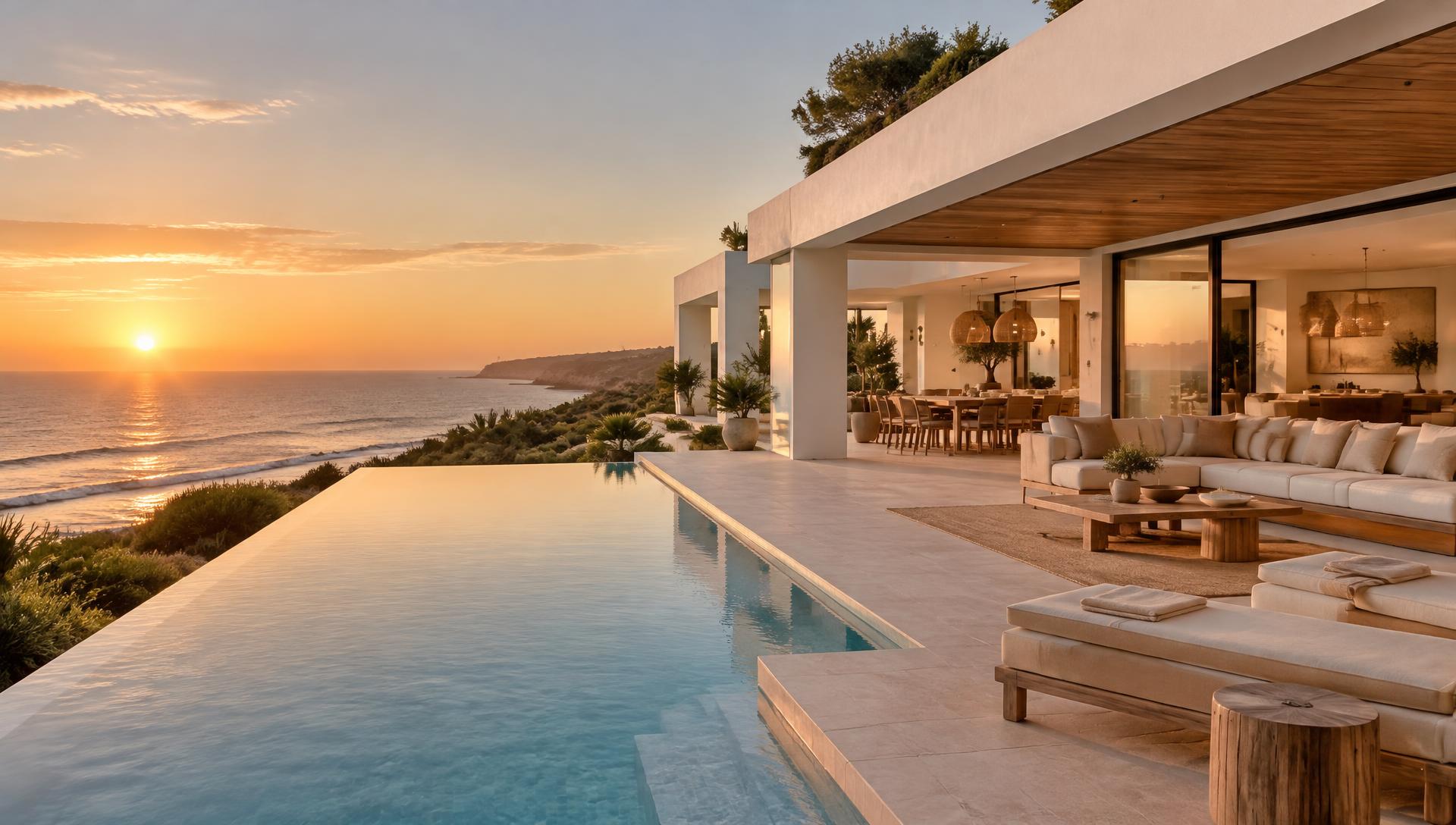 Villa de lujo contemporánea con piscina infinita frente al Atlántico al atardecer en la Costa de la Luz, Cádiz
